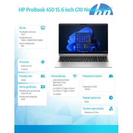 Notebook ProBook 450 G10 i5-1334U 512GB/16GB/W11P AD1D1ET Notebook ProBook 450 G10 i5-1334U 512GB/16GB/W11P AD1D1ET