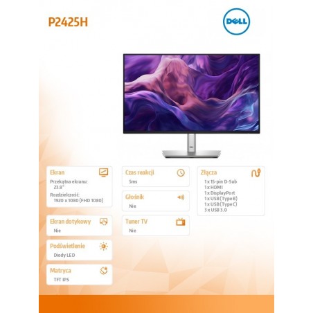 Monitor 24 cale P2425H LED IPS 1920x1080/16:9/HDMI/DP/VGA/USB-C/USB/5Y Monitor 24 cale P2425H LED IPS 1920x1080/16:9/HDMI/DP/VGA/USB-C/USB/5Y