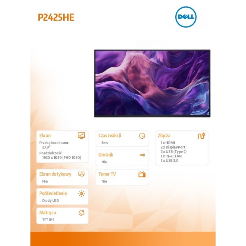 Monitor 24 cale P2425HE LED IPS 1920x1080/16:9/HDMI/DP/USBC/USB/RJ45/5Y Monitor 24 cale P2425HE LED IPS 1920x1080/16:9/HDMI/DP/USBC/USB/RJ45/5Y