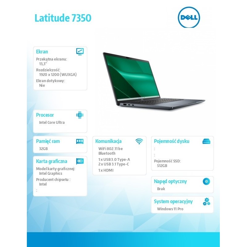 Notebook Latitude 7350 Win11Pro Ultra 7 165U/32GB/512GB SSD Gen4/13.3' FHD+/Int/FgrPr&SmtCd/IR Cam/Mic/WLAN+BT/Backlit Kb/3C/vPr Notebook Latitude 7350 Win11Pro Ultra 7 165U/32GB/512GB SSD Gen4/13.3' FHD+/Int/FgrPr&SmtCd/IR Cam/Mic/WLAN+BT/Backlit Kb/3C/vPr