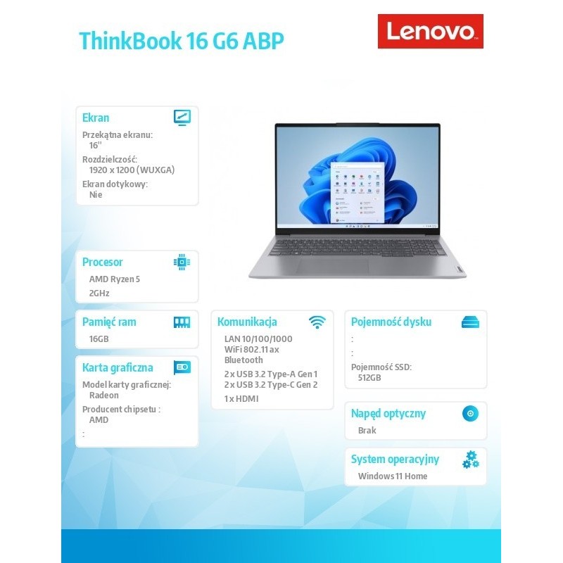 Laptop ThinkBook 16 G6 21KK00B1PB W11 Home 7530U/16GB/512GB/INT/16.0 WUXGA/Arctic Grey/3YRS OS + CO2 Offset Laptop ThinkBook 16 G6 21KK00B1PB W11 Home 7530U/16GB/512GB/INT/16.0 WUXGA/Arctic Grey/3YRS OS + CO2 Offset