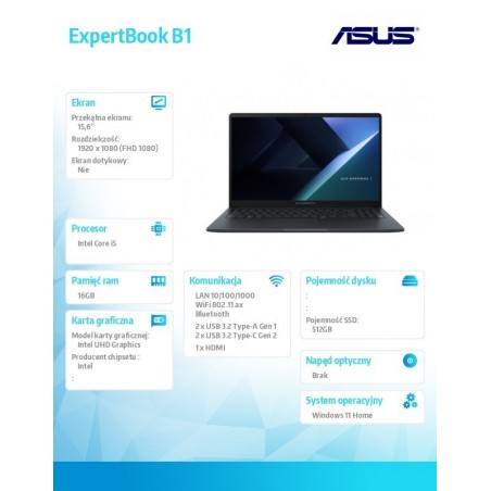 Notebook ExpertBook B1 B1503CVA-S72273W - i5-1334U/16GB/1TB/15.6 FHD/Win 11 HOME /3YRS Notebook ExpertBook B1 B1503CVA-S72273W - i5-1334U/16GB/1TB/15.6 FHD/Win 11 HOME /3YRS