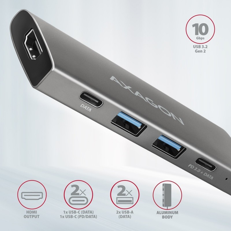 HMC-5G21 Wieloportowy hub USB 5in1, 10Gbps, 2x USB-A + 2x USB-C + HDMI 4K/30Hz, PD 60W, 13cm USB-C kabel HMC-5G21 Wieloportowy hub USB 5in1, 10Gbps, 2x USB-A + 2x USB-C + HDMI 4K/30Hz, PD 60W, 13cm USB-C kabel