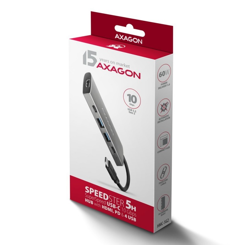 HMC-5G21 Wieloportowy hub USB 5in1, 10Gbps, 2x USB-A + 2x USB-C + HDMI 4K/30Hz, PD 60W, 13cm USB-C kabel HMC-5G21 Wieloportowy hub USB 5in1, 10Gbps, 2x USB-A + 2x USB-C + HDMI 4K/30Hz, PD 60W, 13cm USB-C kabel