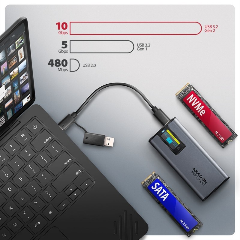 EEM2-SD2 Obudowa zewnętrzna aluminiowa bezśrubowa USB-A/C 3.2 Gen2 M.2 NVMe/SATA display LCD EEM2-SD2 Obudowa zewnętrzna aluminiowa bezśrubowa USB-A/C 3.2 Gen2 M.2 NVMe/SATA display LCD