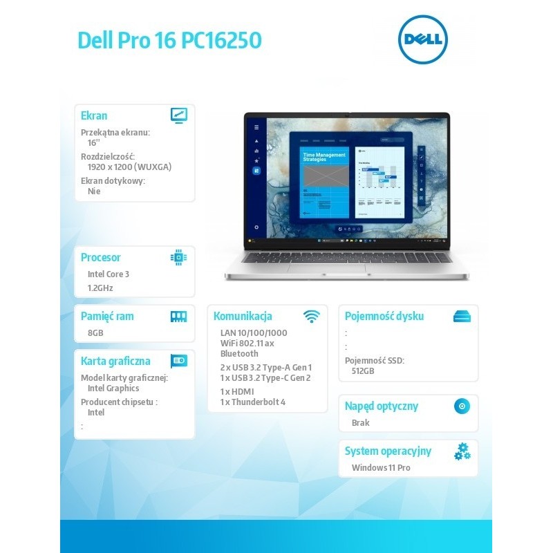 Laptop Dell Pro 16 PC16250 W11P C3 100U/8GB/512GB/16.0 FHD+/Int/FgrPr/Cam&Mic/WLAN+BT/BcklKb/3C/3YPS Platinum 