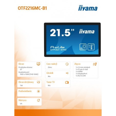 Monitor 22 cale OTF2216MC-B1, VA,poj.10pkt.1100cd,IP65,outdoor, VGA, HDMI,DP,RJ45 Monitor 22 cale OTF2216MC-B1, VA,poj.10pkt.1100cd,IP65,outdoor, VGA, HDMI,DP,RJ45