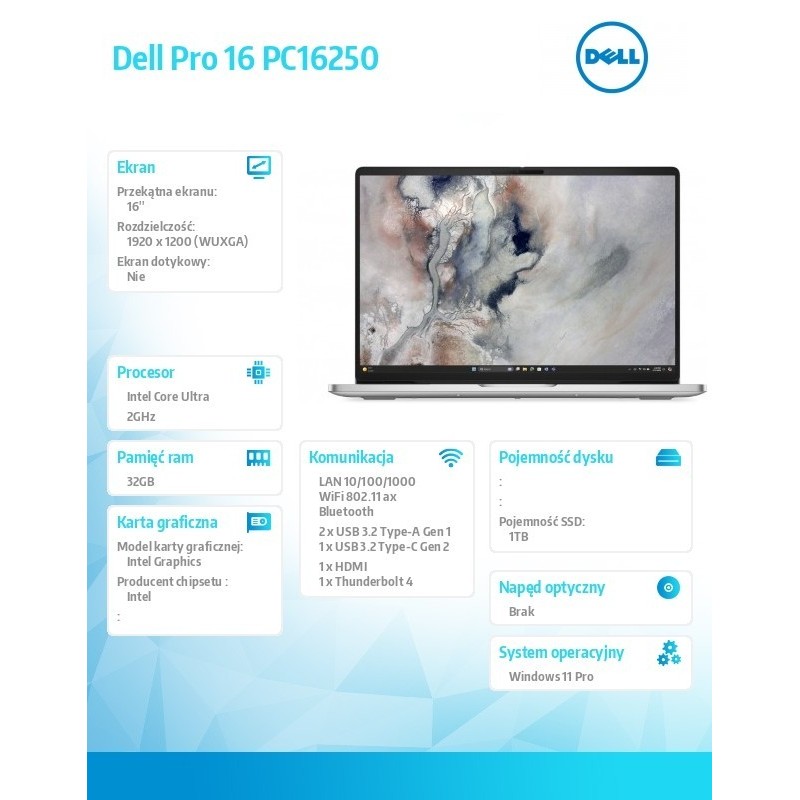 Laptop Dell Pro 16 PC16250 W11P U7 255U/32GB/1TB/16.0 FHD+/Int/FgrPr/FHD/IRCam/Mic/WLAN +BT/BcklKb/3C/3YPS Platinum