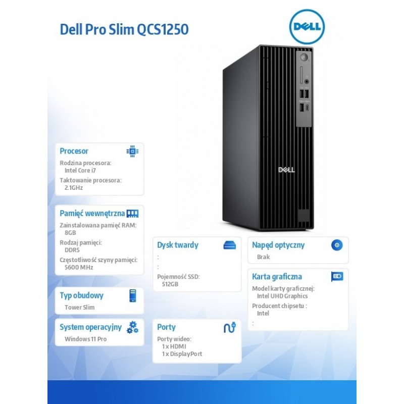 Komputer Dell Pro Slim QCS1250 W11Pro i7-14700/8GB/512GB SSD/Integrated/Kb/Mouse/3YPS 