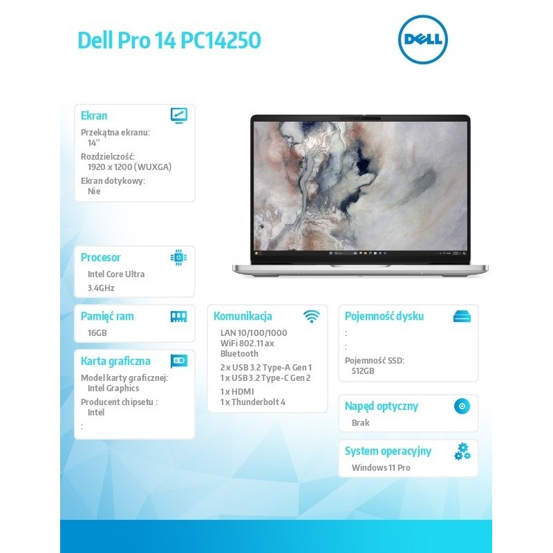Laptop Dell Pro 14 PC14250 W11P U5 235U/16GB/512GB/14.0 FHD+/INT/FgrPr/FHD/IRCam/Mic/WLAN+BT/BcklKb/3C/vPro/3YPS Platinum 
