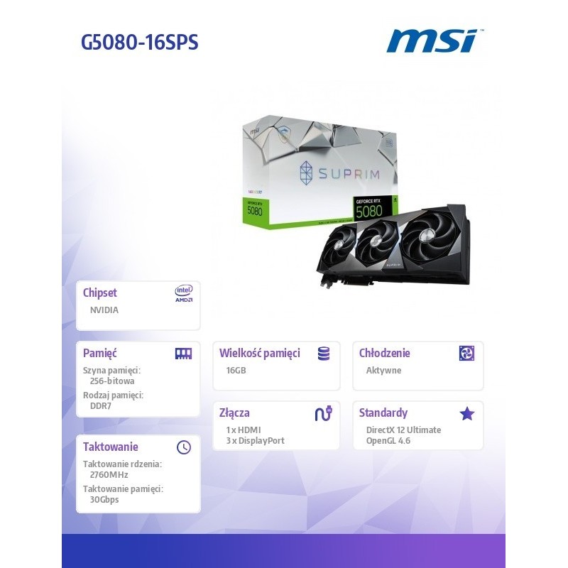 Karta graficzna GeForce RTX 5080 SUPRIM SOC 16G GDDR7 256bit 3DP/HDMI