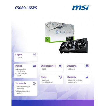 Karta graficzna GeForce RTX 5080 SUPRIM SOC 16G GDDR7 256bit 3DP/HDMI Karta graficzna GeForce RTX 5080 SUPRIM SOC 16G GDDR7 256bit 3DP/HDMI