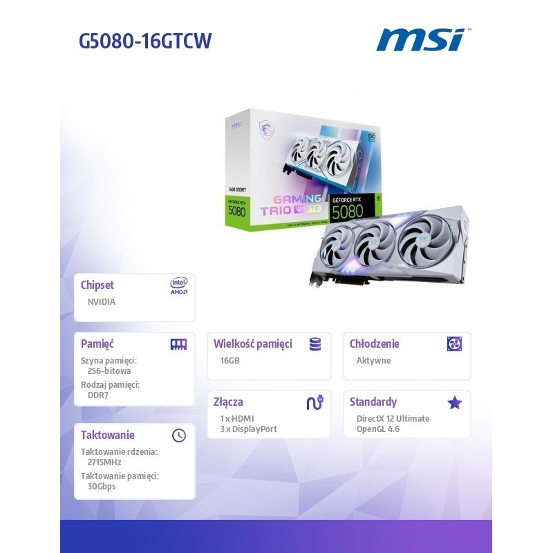 Karta graficzna GeForce RTX 5080 GAMING TRIO OC WHITE 16G GDDR7 256bit