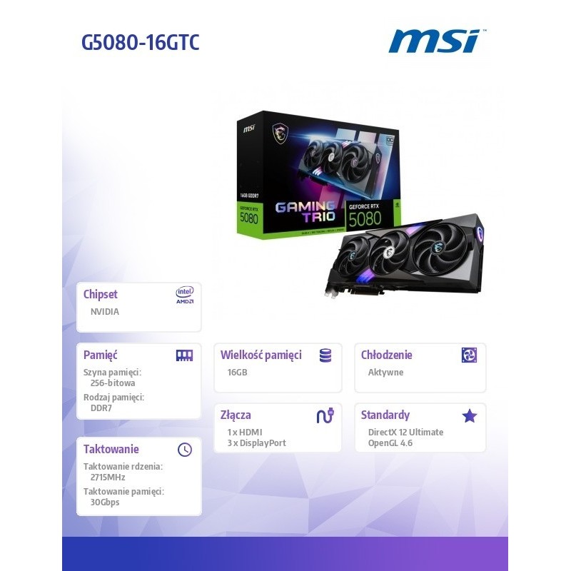 Karta graficzna GeForce RTX 5080 GAMING TRIO OC 16G GDDR7 256bit 3DP/HDMI