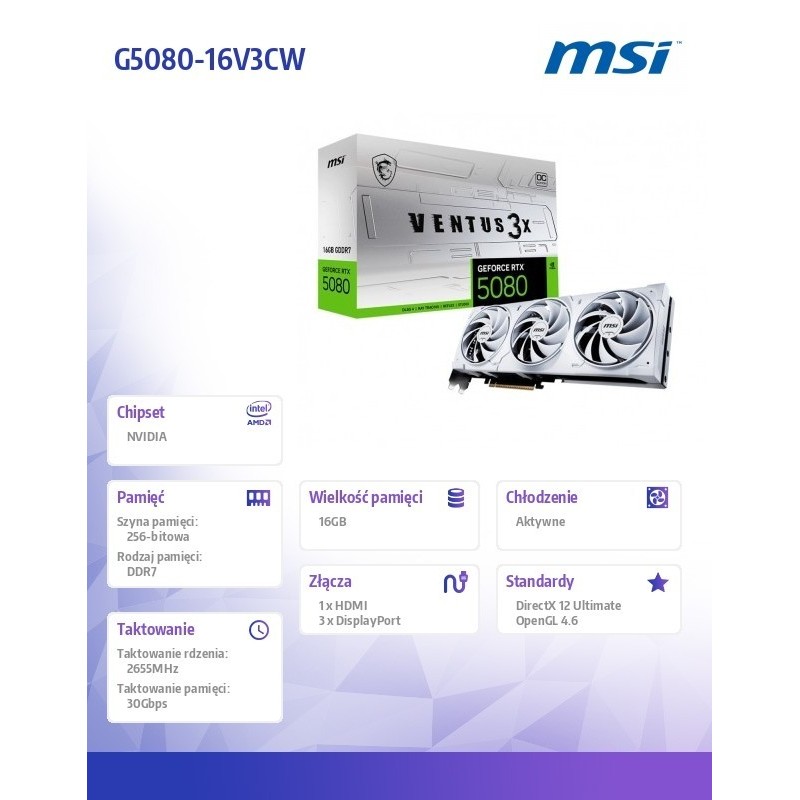 Karta graficzna GeForce RTX 5080 VENTUS 3X OC WHITE 16G GDDR7 256bit