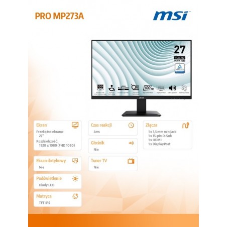 Monitor 27 cali PRO MP273A LED/FHD/Flat/100Hz/czarny Monitor 27 cali PRO MP273A LED/FHD/Flat/100Hz/czarny