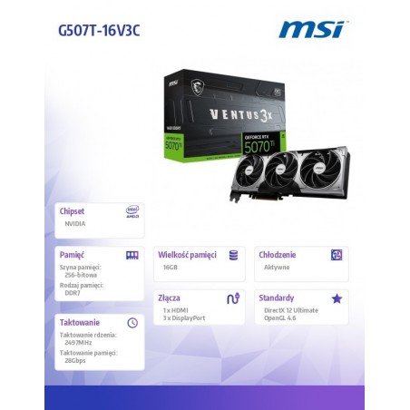 Karta graficzna GeForce RTX 5070 Ti 16G VENTUS 3X OC GDDR7 256bit HDMI/3DP Karta graficzna GeForce RTX 5070 Ti 16G VENTUS 3X OC GDDR7 256bit HDMI/3DP