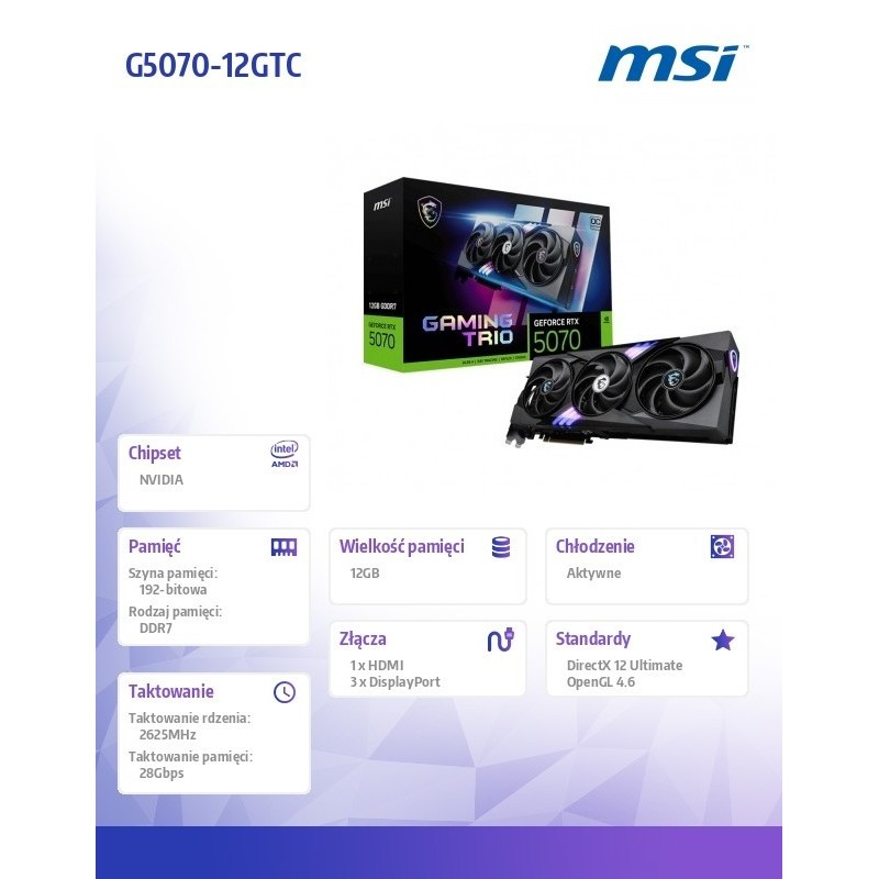 Karta graficzna GeForce RTX 5070 12G GAMING TRIO OC GDDR7 192bit HDMI/3DP