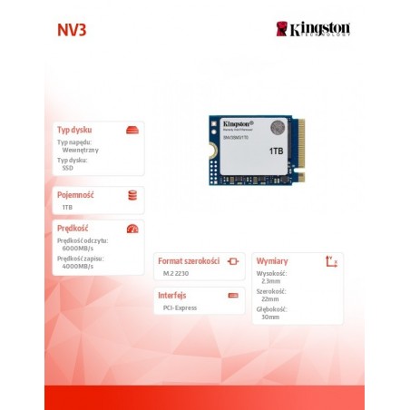 Dysk SSD NV3 1TB M.2 2230 PCI-e 4.0 NVMe 6000/4000 Dysk SSD NV3 1TB M.2 2230 PCI-e 4.0 NVMe 6000/4000