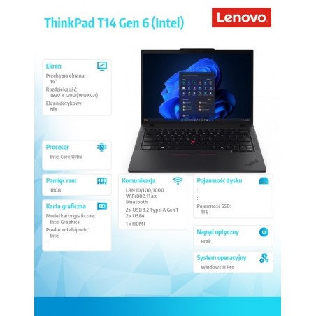 Ultrabook ThinkPad T14 G6 21QC004YPB W11Pro Ultra 7 255U/16GB/1TB/INT/14.0 WUXGA/Black/3YR Premier Support + CO2 Offset Ultrabook ThinkPad T14 G6 21QC004YPB W11Pro Ultra 7 255U/16GB/1TB/INT/14.0 WUXGA/Black/3YR Premier Support + CO2 Offset