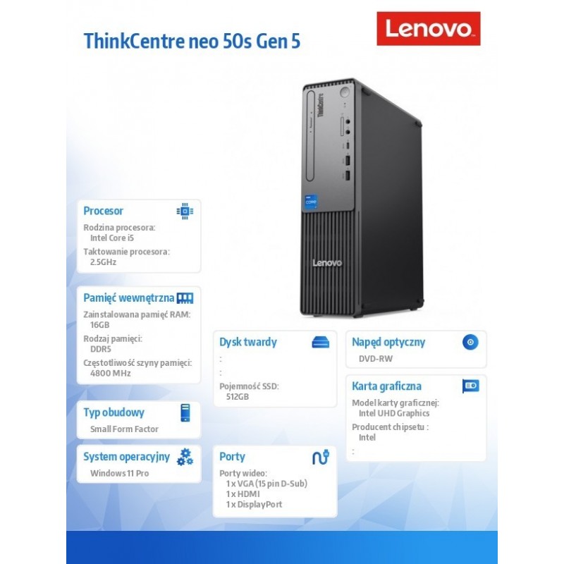 Komputer ThinkCentre Neo 50s G5 SFF 12XF002LPB W11Pro i5-13500/16GB/512GB/INT/DVD/3YRS OS 