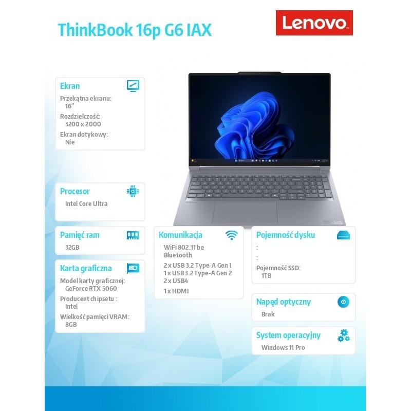 Notebook ThinkBook 16p G6 21R0001TPB W11Pro Ultra 9 275HX/2x16GB/1TB/RTX 5060 8GB/16.0 WUXGA/Luna Grey/1YR Premier WHB + 3YR OS Notebook ThinkBook 16p G6 21R0001TPB W11Pro Ultra 9 275HX/2x16GB/1TB/RTX 5060 8GB/16.0 WUXGA/Luna Grey/1YR Premier WHB + 3YR OS