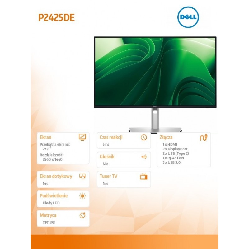 Monitor 23.8 cala P2425DE IPS LED QHD (2560x1440)/16:9/HDMI/2xDP/2xUSB-C/3xUSB/3Y AES&PPG Monitor 23.8 cala P2425DE IPS LED QHD (2560x1440)/16:9/HDMI/2xDP/2xUSB-C/3xUSB/3Y AES&PPG