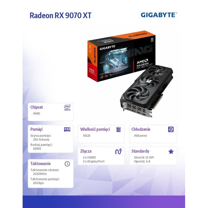 Karta graficzna Radeon RX 9070 XT GAMING OC 16GB GDDR6 256bit 2DP/2HDMI Karta graficzna Radeon RX 9070 XT GAMING OC 16GB GDDR6 256bit 2DP/2HDMI