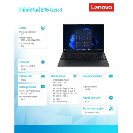 Notebook ThinkPad E16 G3 21SR0071PB W11Pro Ultra 7 255H/16GB/512GB/INT/16.0 WUXGA/Black/3YRS OnSite + 1YR Premier Support + CO2 Notebook ThinkPad E16 G3 21SR0071PB W11Pro Ultra 7 255H/16GB/512GB/INT/16.0 WUXGA/Black/3YRS OnSite + 1YR Premier Support + CO2