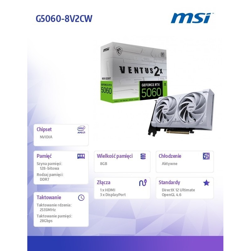 Karta graficzna GeFroce RTX 5060 8G VENTUS 2X OC WHITE Karta graficzna GeFroce RTX 5060 8G VENTUS 2X OC WHITE