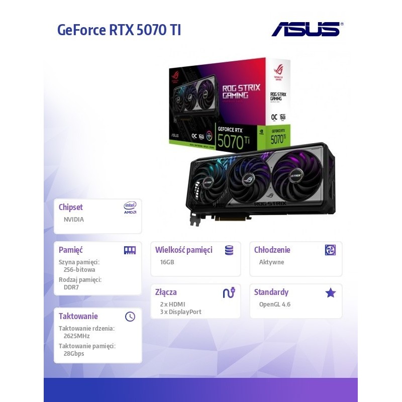 Karta graficzna ROG STRIX GeForce RTX 5070 TI OC GDDR7 256bit DP/HDMI Karta graficzna ROG STRIX GeForce RTX 5070 TI OC GDDR7 256bit DP/HDMI