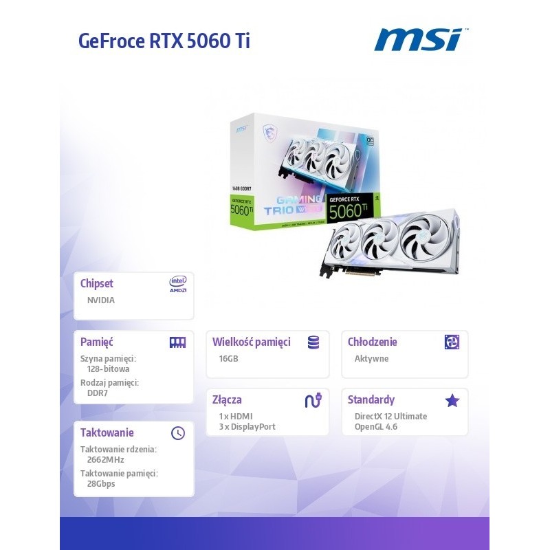 Karta graficzna GeForce RTX 5060 Ti 16G GAMING TRIO OC WHITE Karta graficzna GeForce RTX 5060 Ti 16G GAMING TRIO OC WHITE