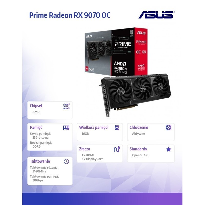 Karta graficzna RX 9070 PRIME OC 16GB GDDR6 256bit DP/HDMI