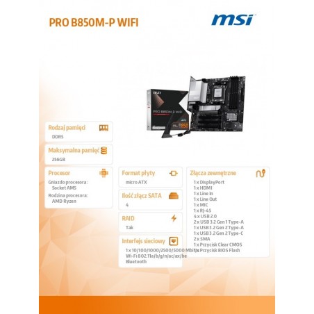Płyta główna PRO B850M-P WIFI AM5 4DDR5 ATX Płyta główna PRO B850M-P WIFI AM5 4DDR5 ATX