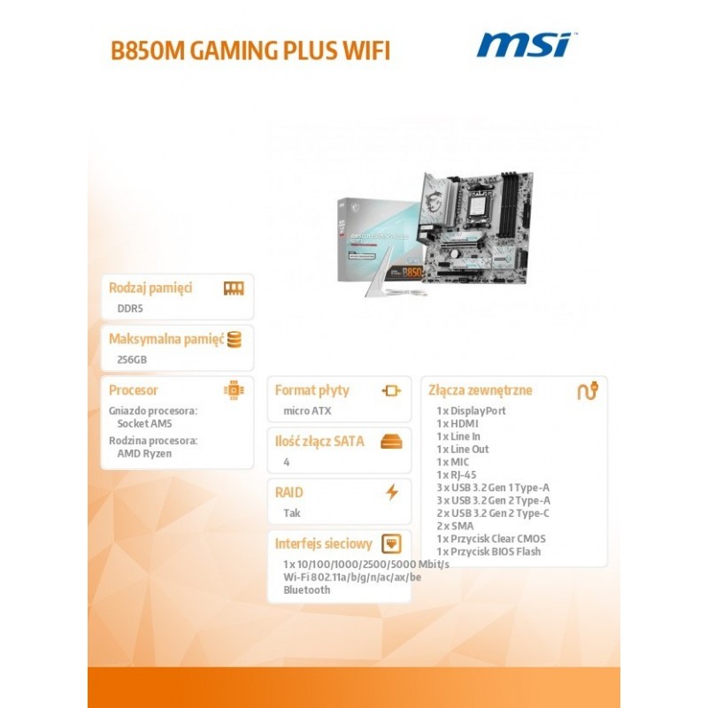 Płyta główna B850M GAMING PLUS WIFI AM5 4DDR5 mATX Płyta główna B850M GAMING PLUS WIFI AM5 4DDR5 mATX
