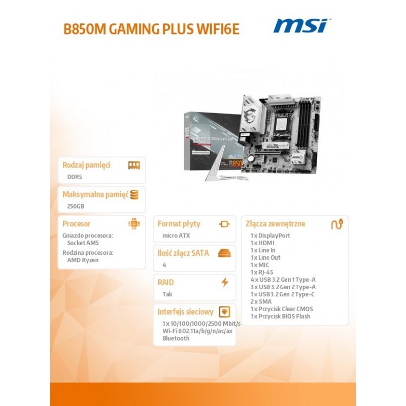 Płyta główna B850M GAMING PLUS WIFI6E AM5 4DDR5 mATX Płyta główna B850M GAMING PLUS WIFI6E AM5 4DDR5 mATX