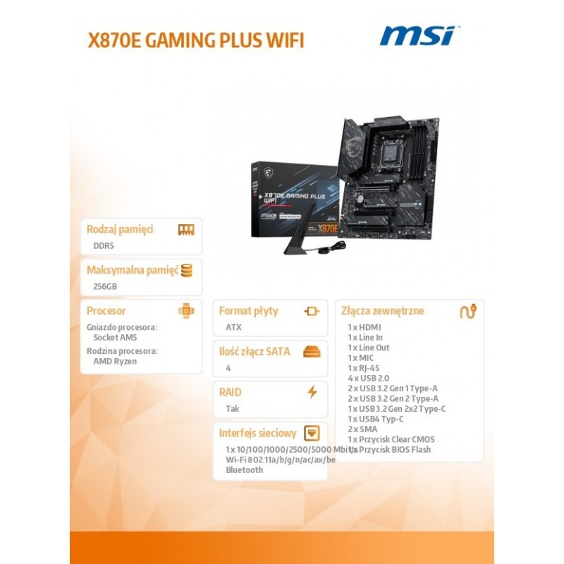 Płyta główna X870E GAMING PLUS WIFI AM5 4DDR5 ATX Płyta główna X870E GAMING PLUS WIFI AM5 4DDR5 ATX