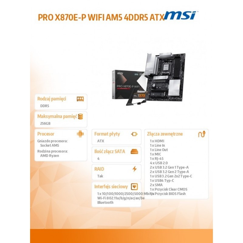 Płyta główna PRO X870E-P WIFI AM5 4DDR5 ATX Płyta główna PRO X870E-P WIFI AM5 4DDR5 ATX