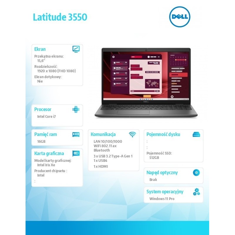 Notebook Latitude 3550 Win11Pro i7-1355U/16GB/512GB SSD Gen4/15.6 FHD/Integrated/FgrPr/FHD/IR Cam/Mic/WLAN + BT/Backlit Kb/3 Cel