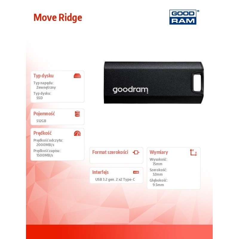 Dysk zewnętrzny SSD Move Ridge 512GB 2000/1500MB/s Dysk zewnętrzny SSD Move Ridge 512GB 2000/1500MB/s