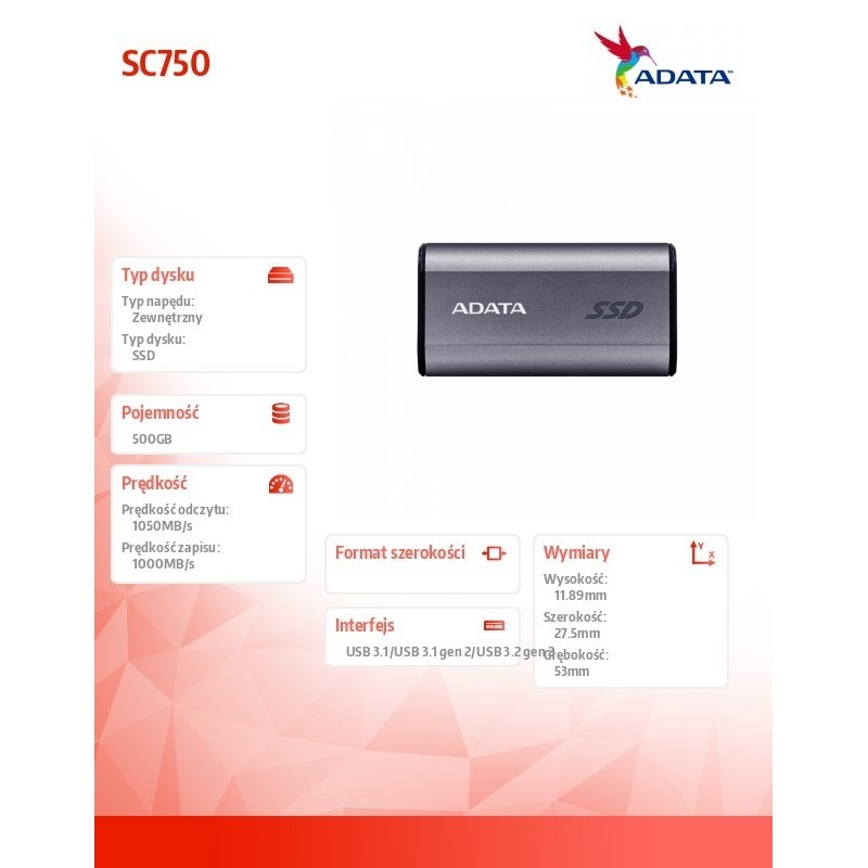 Dysk zewnętrzny SSD SC750 500G USB3.2C 1050/1000 MB/s Dysk zewnętrzny SSD SC750 500G USB3.2C 1050/1000 MB/s