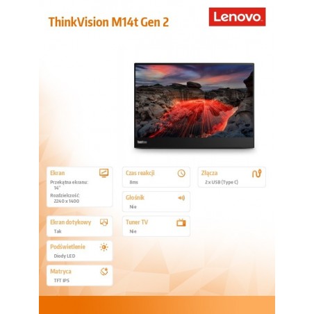 Monitor 14 cali ThinkVision WLED LCD 63FDUAT6WL Monitor 14 cali ThinkVision WLED LCD 63FDUAT6WL