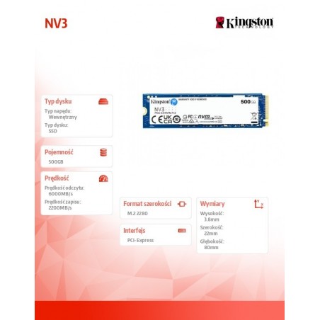 Dysk SSD NV3 500GB M.2 2280 PCI-e 4.0 NVMe 6000/2200 Dysk SSD NV3 500GB M.2 2280 PCI-e 4.0 NVMe 6000/2200