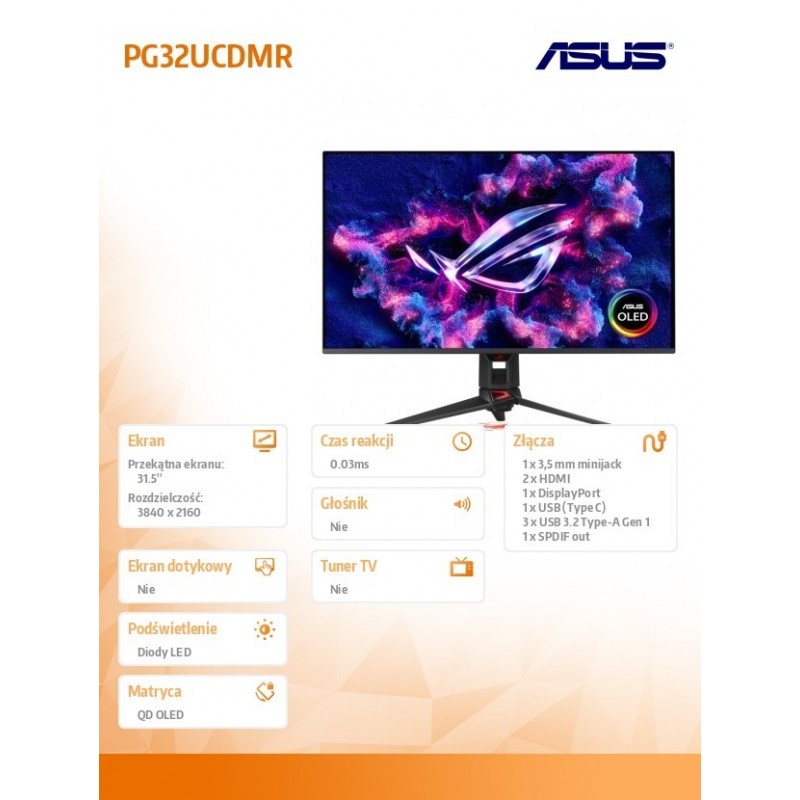 Monitor 31.5 cala PG32UCDMR ROG QD-OLED 0.03MS HDMI DP Monitor 31.5 cala PG32UCDMR ROG QD-OLED 0.03MS HDMI DP