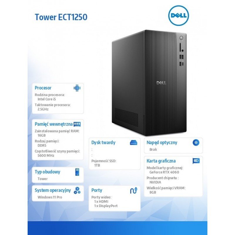 Komputer Dell Tower ECT1250 W11Pro i5-14400F/16GB/1TB/GeForce RTX4060/WLAN + BT/Wireless Kb & Mouse/360W/3YPS Komputer Dell Tower ECT1250 W11Pro i5-14400F/16GB/1TB/GeForce RTX4060/WLAN + BT/Wireless Kb & Mouse/360W/3YPS