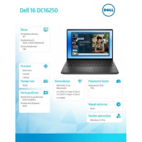 Laptop Dell 16 DC16250 W11P C7-150U/16GB/1TB/16.0' FHD+ Touch/Int/FgrPr/WLAN + BT/Backlit Kb/3 Cell/3YPS Carbon Black Laptop Dell 16 DC16250 W11P C7-150U/16GB/1TB/16.0' FHD+ Touch/Int/FgrPr/WLAN + BT/Backlit Kb/3 Cell/3YPS Carbon Black