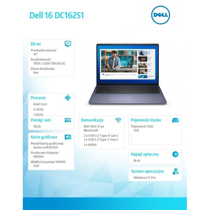 Laptop Dell 16 DC16251 W11P C7-150U/16GB/1TB/16.0 FHD+/GF MX 570A/FgrPr/WLAN + BT/Backlit Kb/4 Cell/3YPS Midnight Blue Laptop Dell 16 DC16251 W11P C7-150U/16GB/1TB/16.0 FHD+/GF MX 570A/FgrPr/WLAN + BT/Backlit Kb/4 Cell/3YPS Midnight Blue