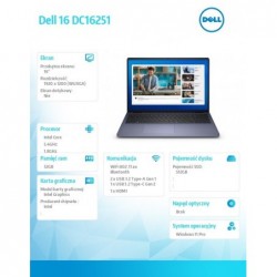 Laptop Dell 16 DC16251 W11P C7-150U/32GB/1TB/16.0 FHD+/Int/FgrPr/WLAN + BT/Backlit Kb/4 Cell/3YPS Midnight Blue Laptop Dell 16 DC16251 W11P C7-150U/32GB/1TB/16.0 FHD+/Int/FgrPr/WLAN + BT/Backlit Kb/4 Cell/3YPS Midnight Blue