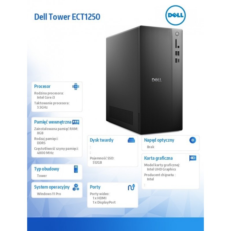 Komputer Dell Tower ECT1250 Win11Pro i3-14100/8GB/512GB SSD/UHD 730/WLAN + BT/Wireless Kb & Mouse/3YPS Komputer Dell Tower ECT1250 Win11Pro i3-14100/8GB/512GB SSD/UHD 730/WLAN + BT/Wireless Kb & Mouse/3YPS