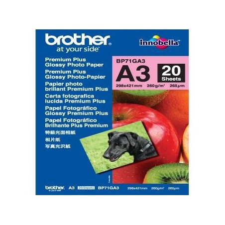 Brother Glossy Photo Paper, BP71GA3, foto papier, połysk, biały, A3, 260 g/m2, 20 szt., atrament Brother Glossy Photo Paper, BP71GA3, foto papier, połysk, biały, A3, 260 g/m2, 20 szt., atrament